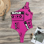 Pink Cassette Tape Pattern Print One Shoulder Bodysuit
