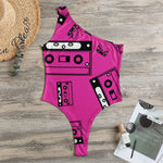 Pink Cassette Tape Pattern Print One Shoulder Bodysuit