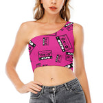 Pink Cassette Tape Pattern Print One Shoulder Crop Top