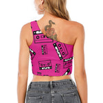 Pink Cassette Tape Pattern Print One Shoulder Crop Top