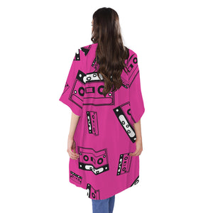 Pink Cassette Tape Pattern Print Open Front Beach Cover Up