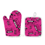 Pink Cassette Tape Pattern Print Oven Mitt And Pot Holder Set