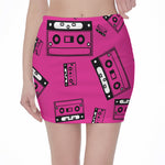 Pink Cassette Tape Pattern Print Pencil Mini Skirt