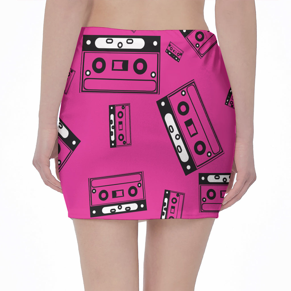 Pink Cassette Tape Pattern Print Pencil Mini Skirt