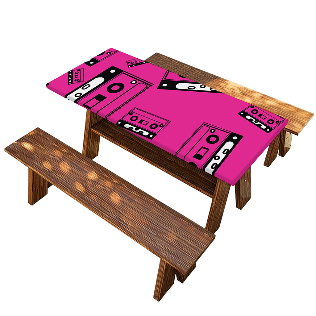 Pink Cassette Tape Pattern Print Picnic Table Cover