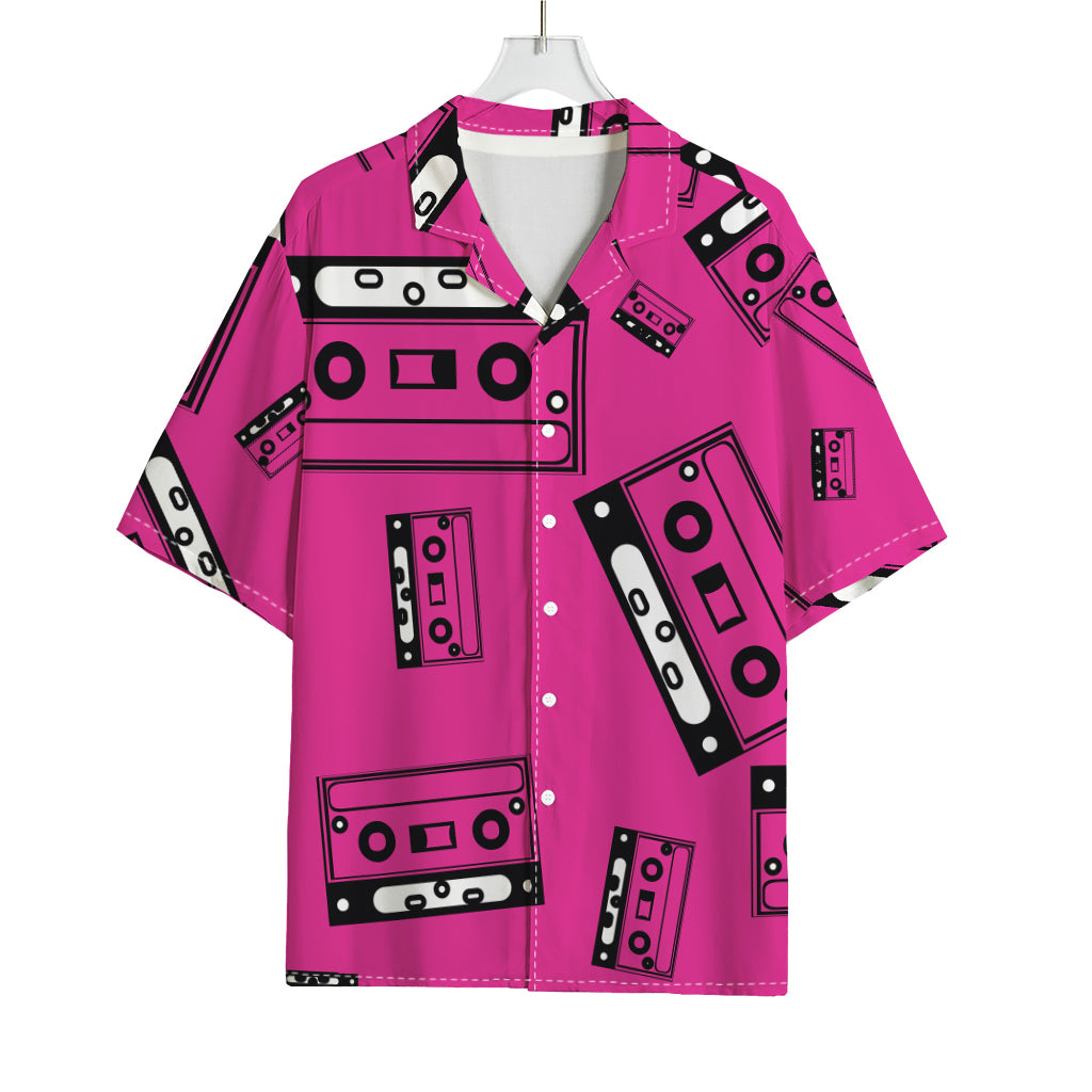 Pink Cassette Tape Pattern Print Rayon Hawaiian Shirt