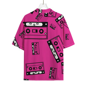 Pink Cassette Tape Pattern Print Rayon Hawaiian Shirt