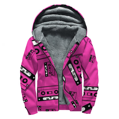 Pink Cassette Tape Pattern Print Sherpa Lined Zip Up Hoodie