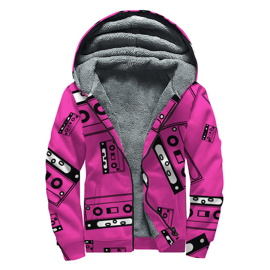 Pink Cassette Tape Pattern Print Sherpa Lined Zip Up Hoodie