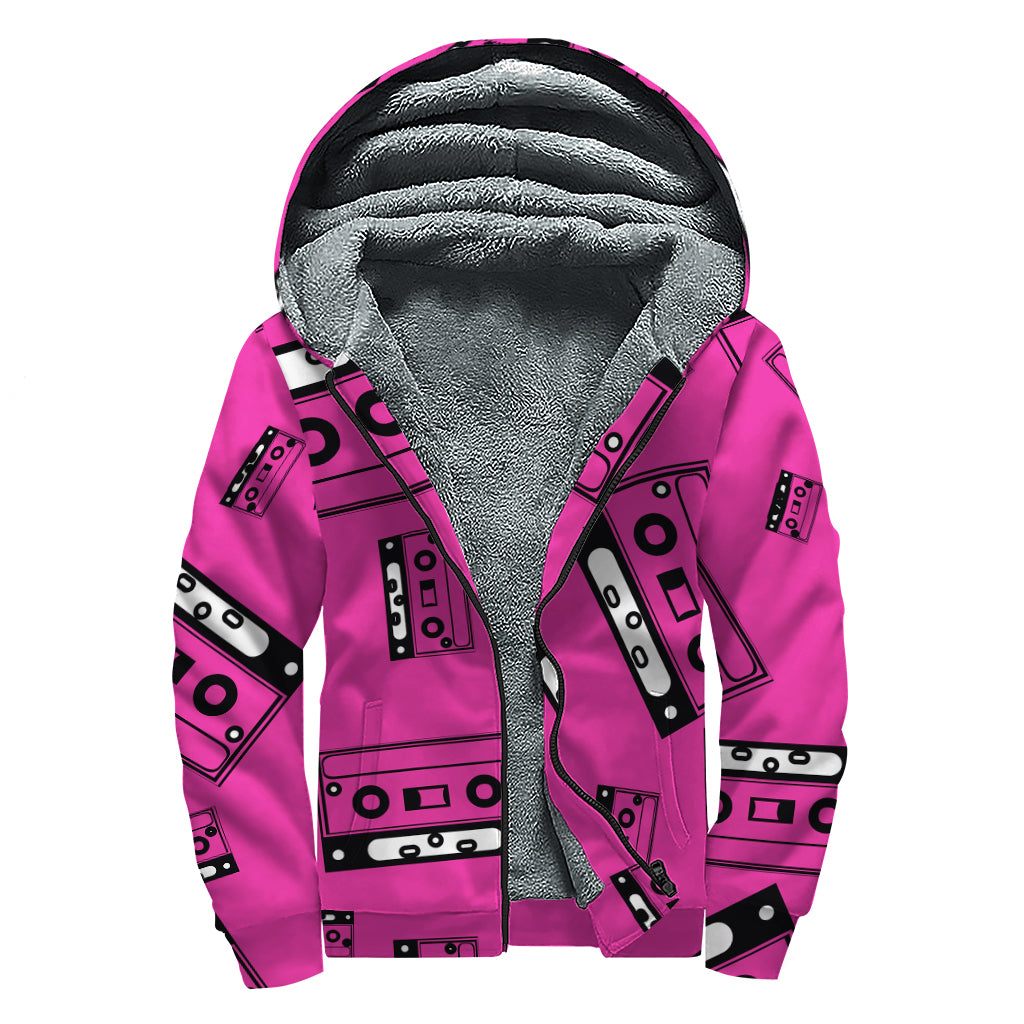 Pink Cassette Tape Pattern Print Sherpa Lined Zip Up Hoodie