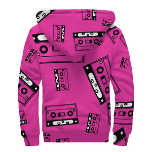 Pink Cassette Tape Pattern Print Sherpa Lined Zip Up Hoodie