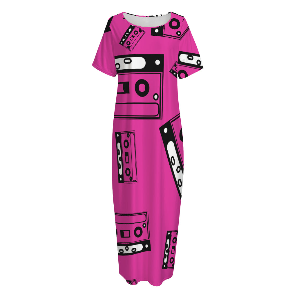 Pink Cassette Tape Pattern Print Short Sleeve Long Nightdress