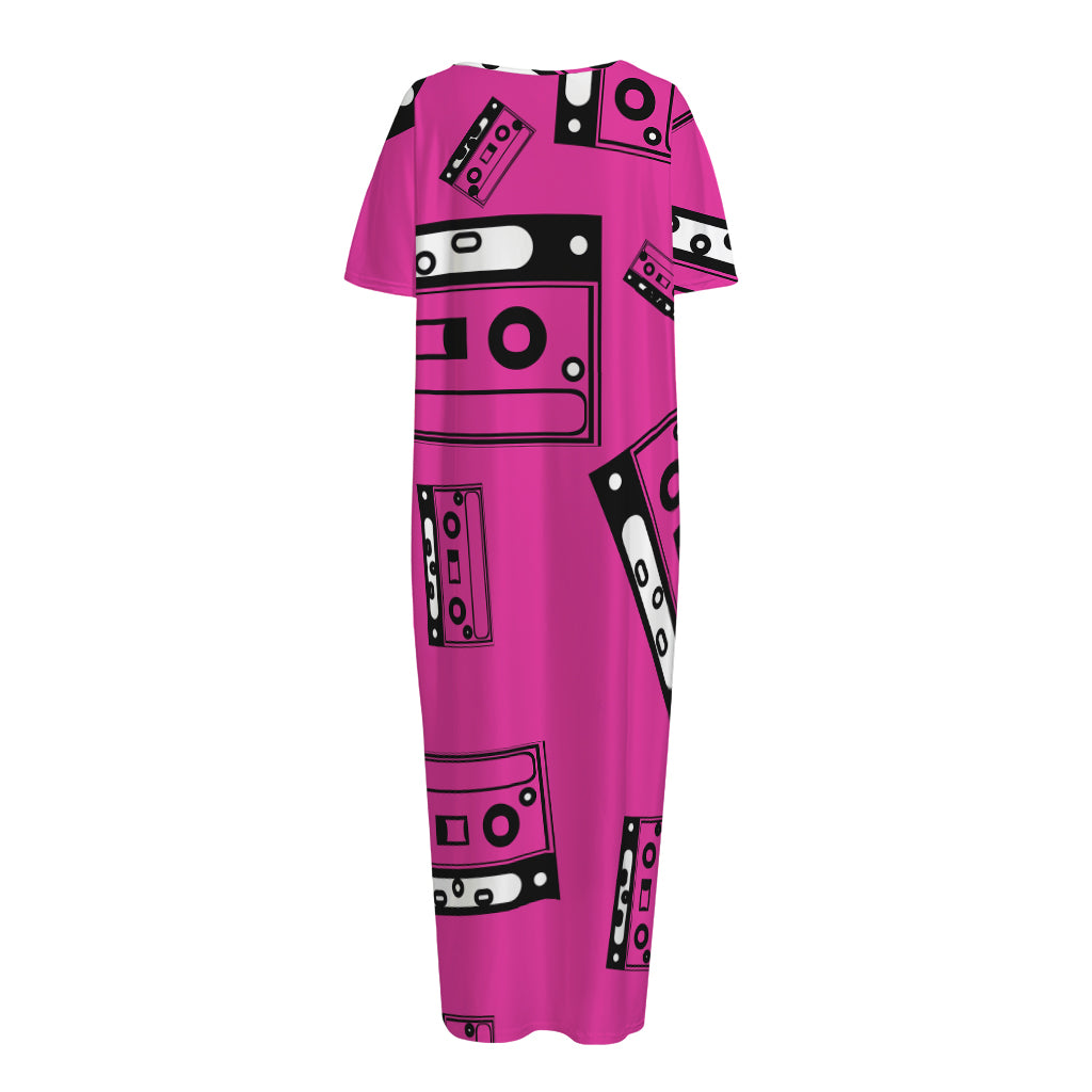 Pink Cassette Tape Pattern Print Short Sleeve Long Nightdress