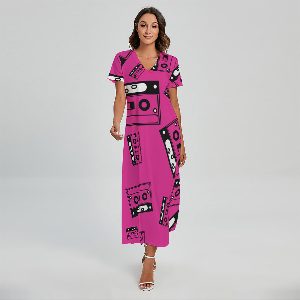 Pink Cassette Tape Pattern Print Short Sleeve Maxi Dress