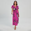 Pink Cassette Tape Pattern Print Short Sleeve Maxi Dress