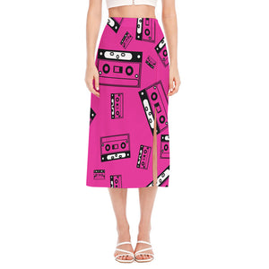 Pink Cassette Tape Pattern Print Side Slit Midi Skirt