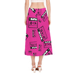 Pink Cassette Tape Pattern Print Side Slit Midi Skirt