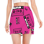 Pink Cassette Tape Pattern Print Side Slit Mini Skirt