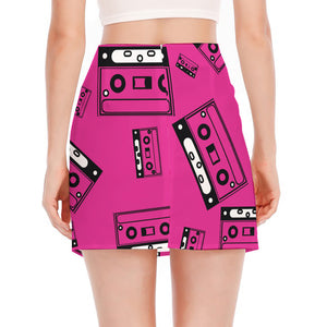 Pink Cassette Tape Pattern Print Side Slit Mini Skirt