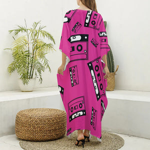 Pink Cassette Tape Pattern Print Silk V-Neck Kaftan Dress