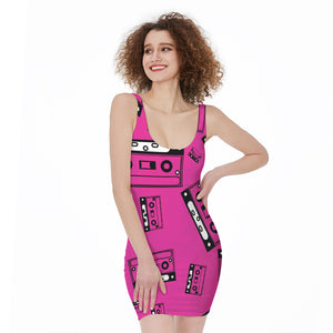 Pink Cassette Tape Pattern Print Sleeveless Bodycon Dress