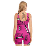 Pink Cassette Tape Pattern Print Sleeveless One Piece Swimsuit