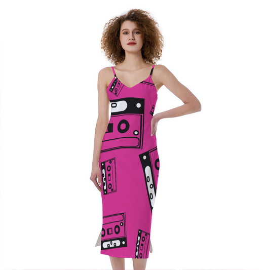 Pink Cassette Tape Pattern Print Slim Fit Midi Cami Dress
