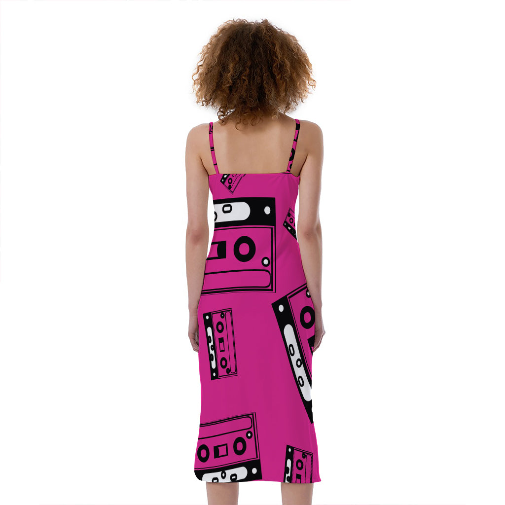 Pink Cassette Tape Pattern Print Slim Fit Midi Cami Dress