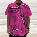 Pink Cassette Tape Pattern Print Textured Short Sleeve Shirt