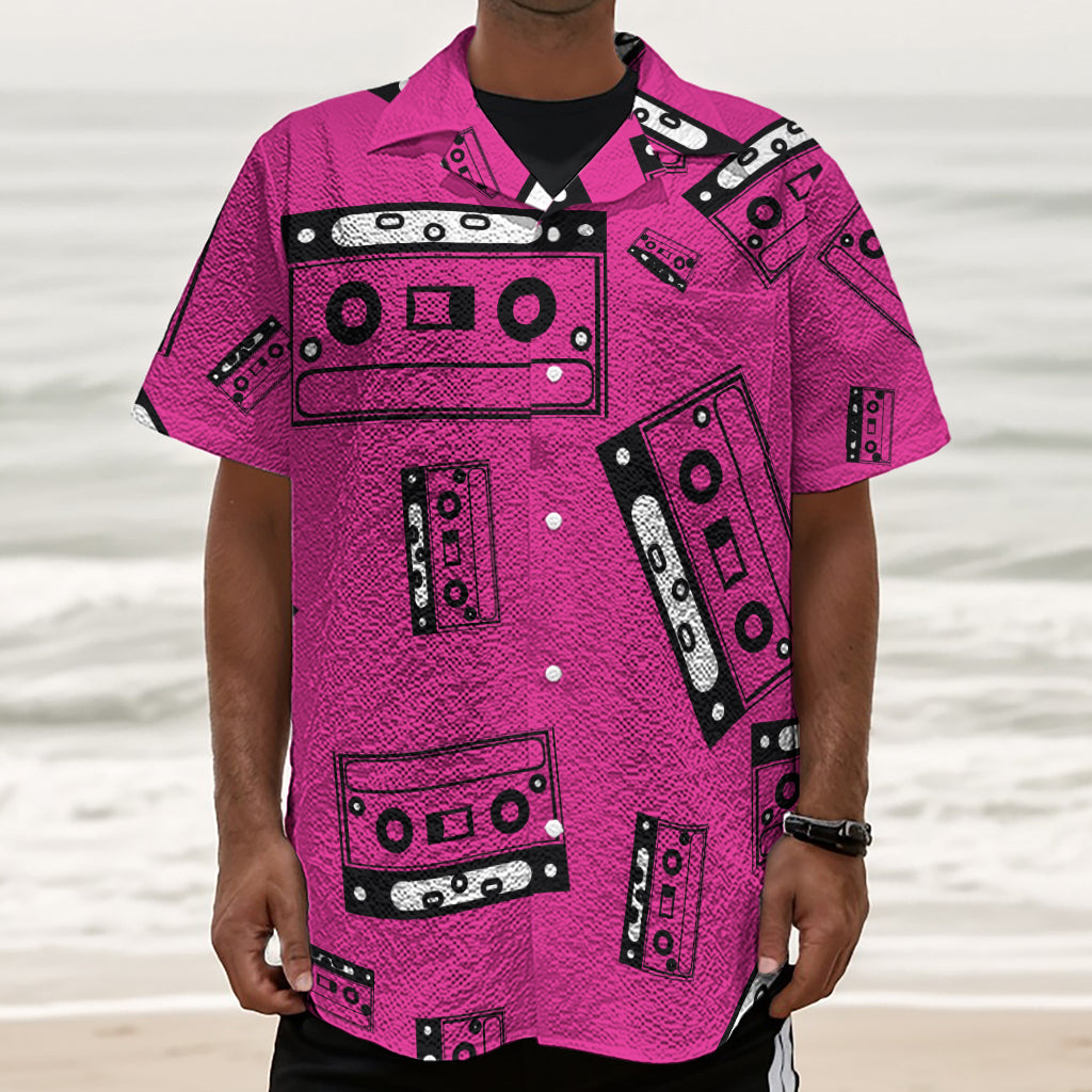 Pink Cassette Tape Pattern Print Textured Short Sleeve Shirt