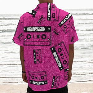 Pink Cassette Tape Pattern Print Textured Short Sleeve Shirt