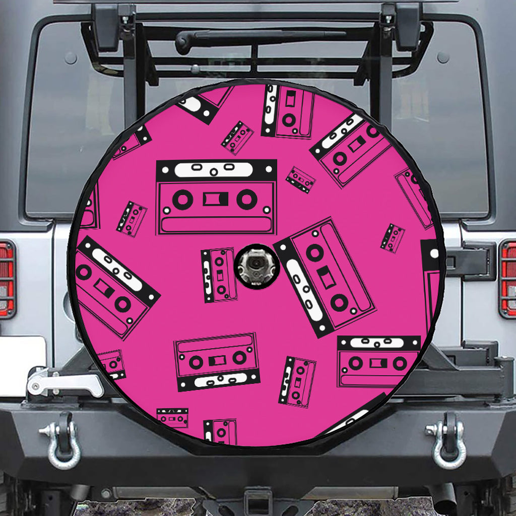 Pink Cassette Tape Pattern Print Tire Cover With Camera Hole