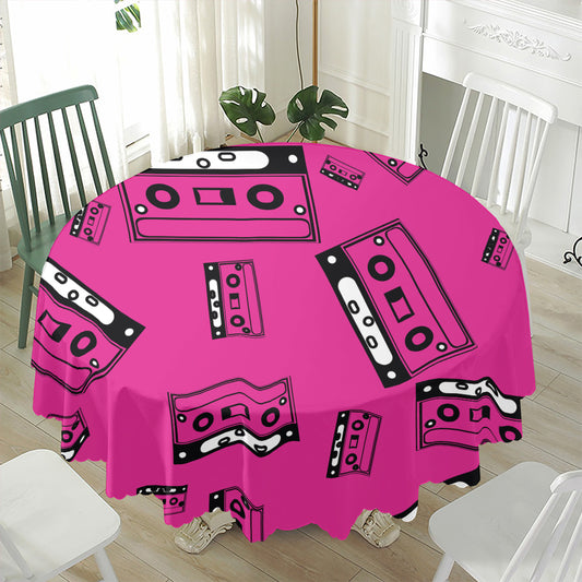 Pink Cassette Tape Pattern Print Waterproof Round Tablecloth