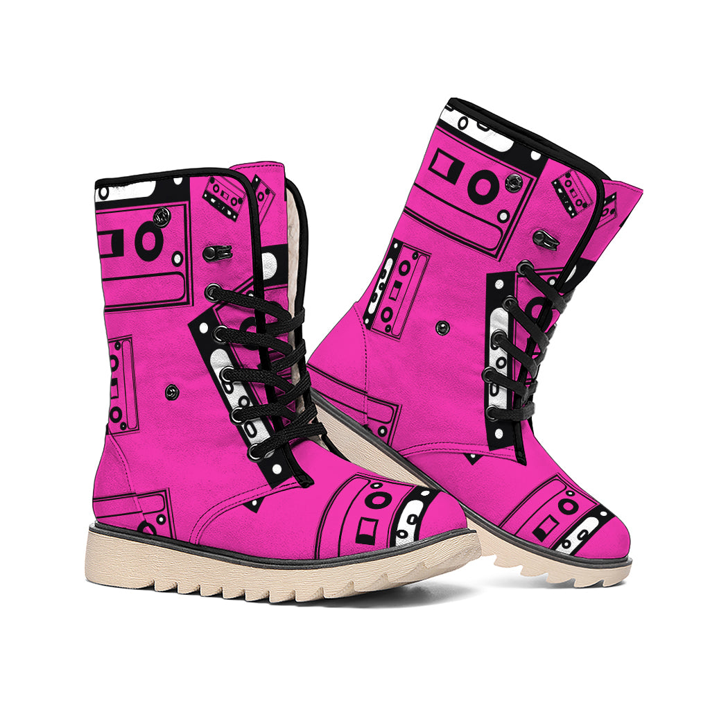 Pink Cassette Tape Pattern Print Winter Boots