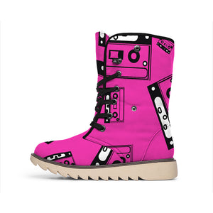 Pink Cassette Tape Pattern Print Winter Boots