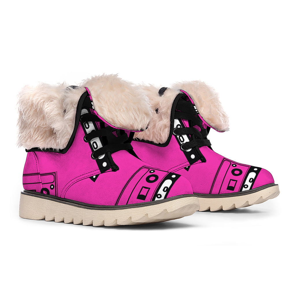 Pink Cassette Tape Pattern Print Winter Boots