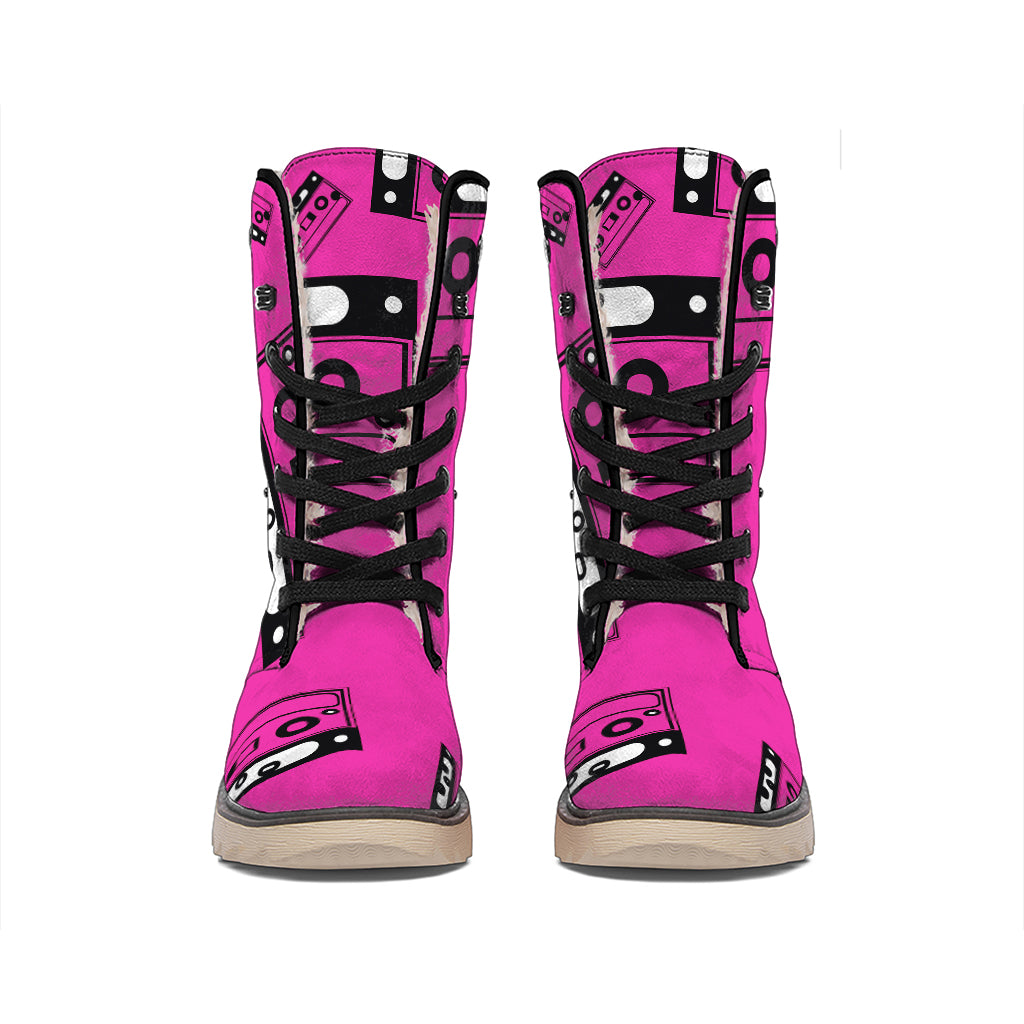 Pink Cassette Tape Pattern Print Winter Boots