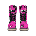 Pink Cassette Tape Pattern Print Winter Boots