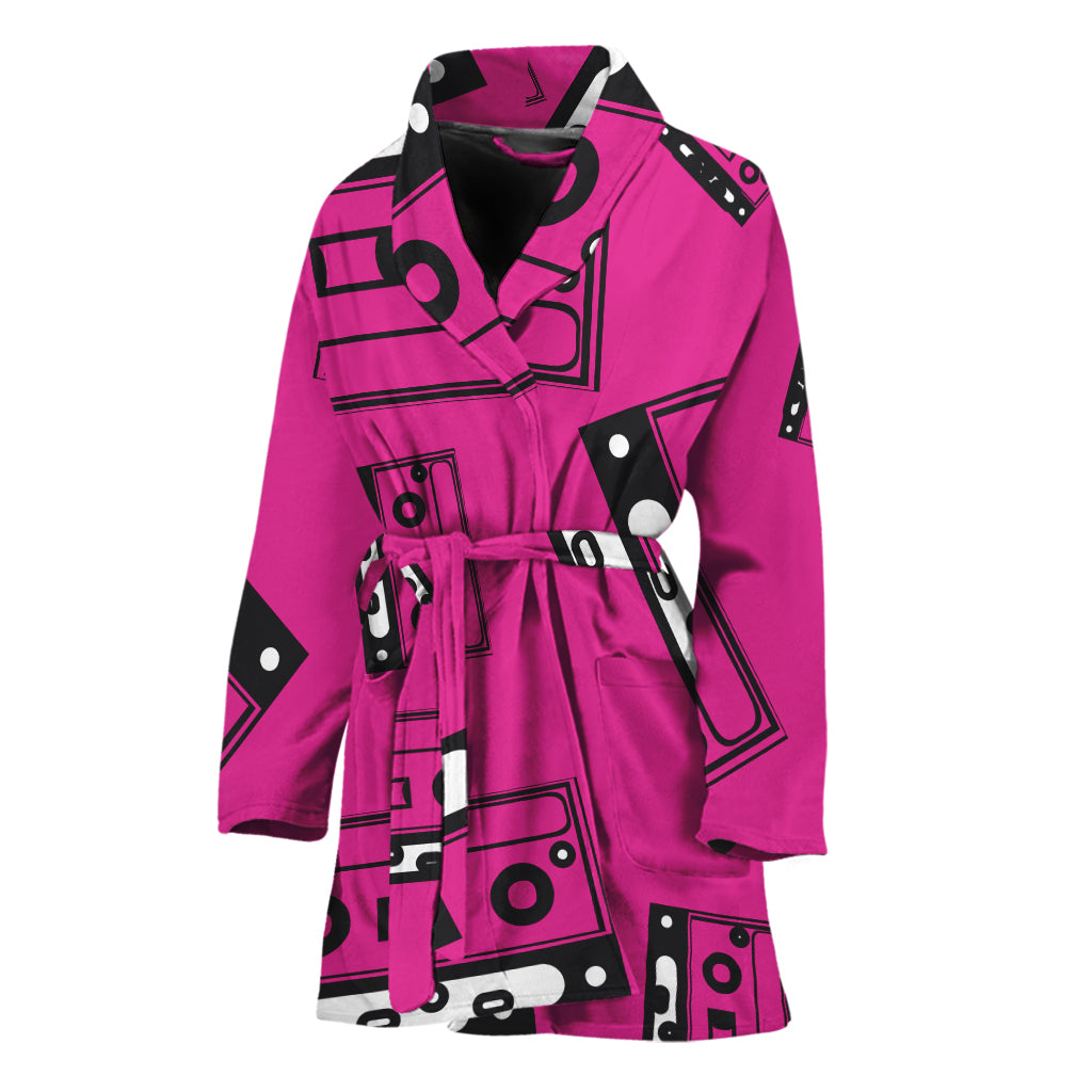 Pink Cassette Tape Pattern Print Women's Bathrobe