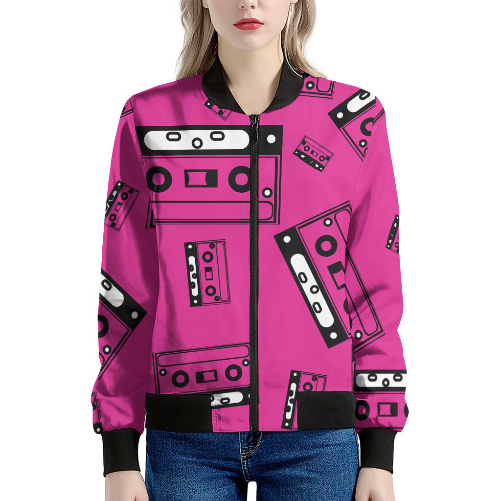 Pink Cassette Tape Pattern Print Women's Bomber Jacket