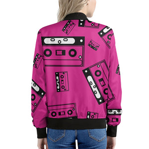 Pink Cassette Tape Pattern Print Women's Bomber Jacket