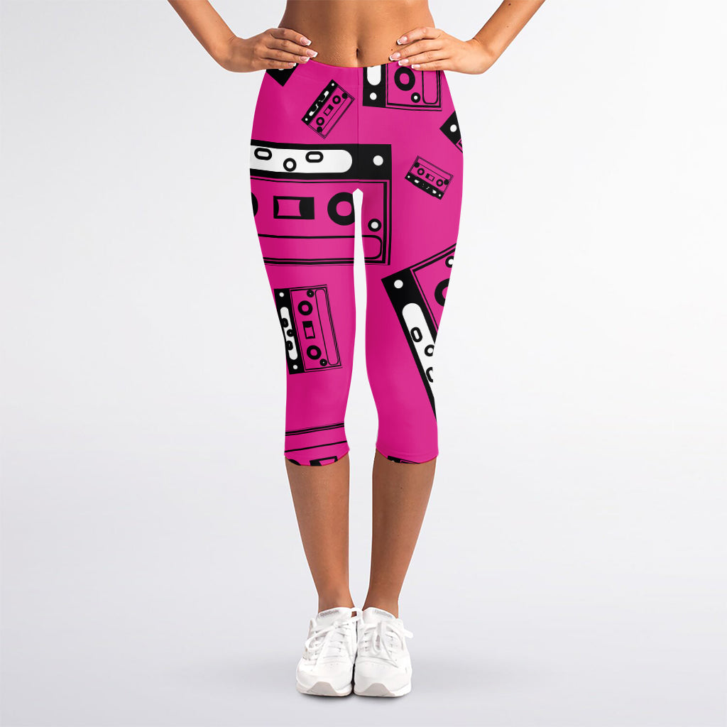 Pink Cassette Tape Pattern Print Women's Capri Leggings