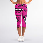 Pink Cassette Tape Pattern Print Women's Capri Leggings