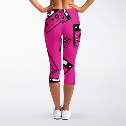 Pink Cassette Tape Pattern Print Women's Capri Leggings