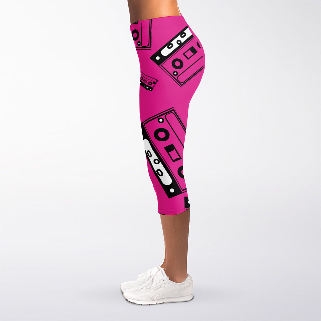 Pink Cassette Tape Pattern Print Women's Capri Leggings