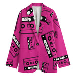 Pink Cassette Tape Pattern Print Women's Cotton Blazer