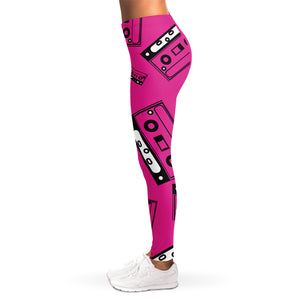 Pink Cassette Tape Pattern Print Women's Leggings