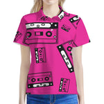 Pink Cassette Tape Pattern Print Women's Polo Shirt