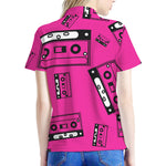 Pink Cassette Tape Pattern Print Women's Polo Shirt