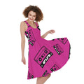 Pink Cassette Tape Pattern Print Sleeveless Knee Length Dress
